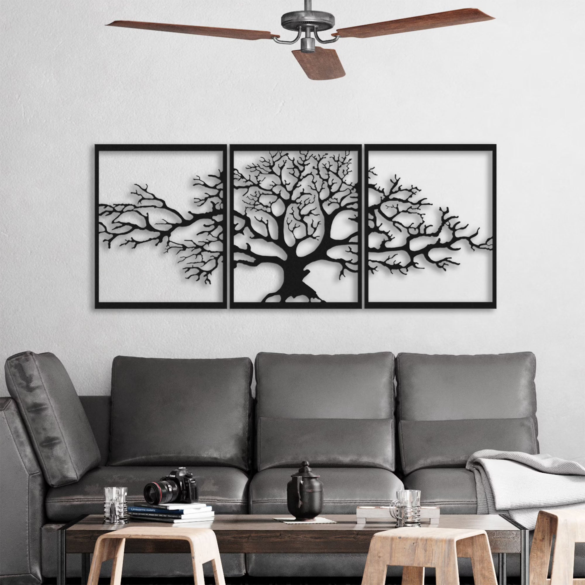 Déco murale triptyque arbre de vie en métal noir 144x59 cm